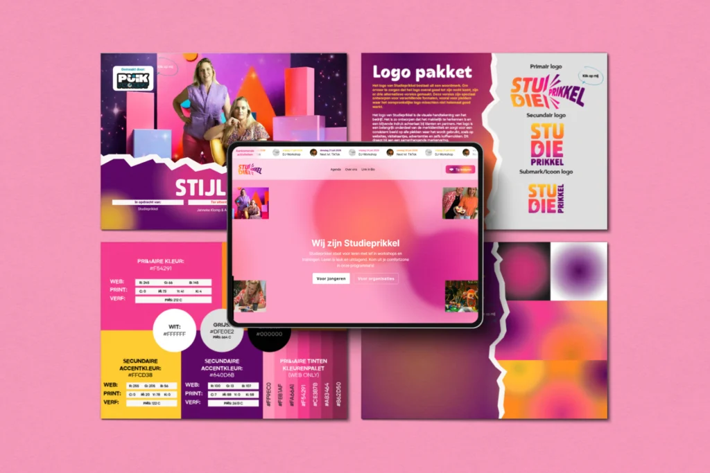 Visuele huisstijlpresentatie van Studieprikkel met logo, kleurpalet, grafische elementen en een websiteontwerp.