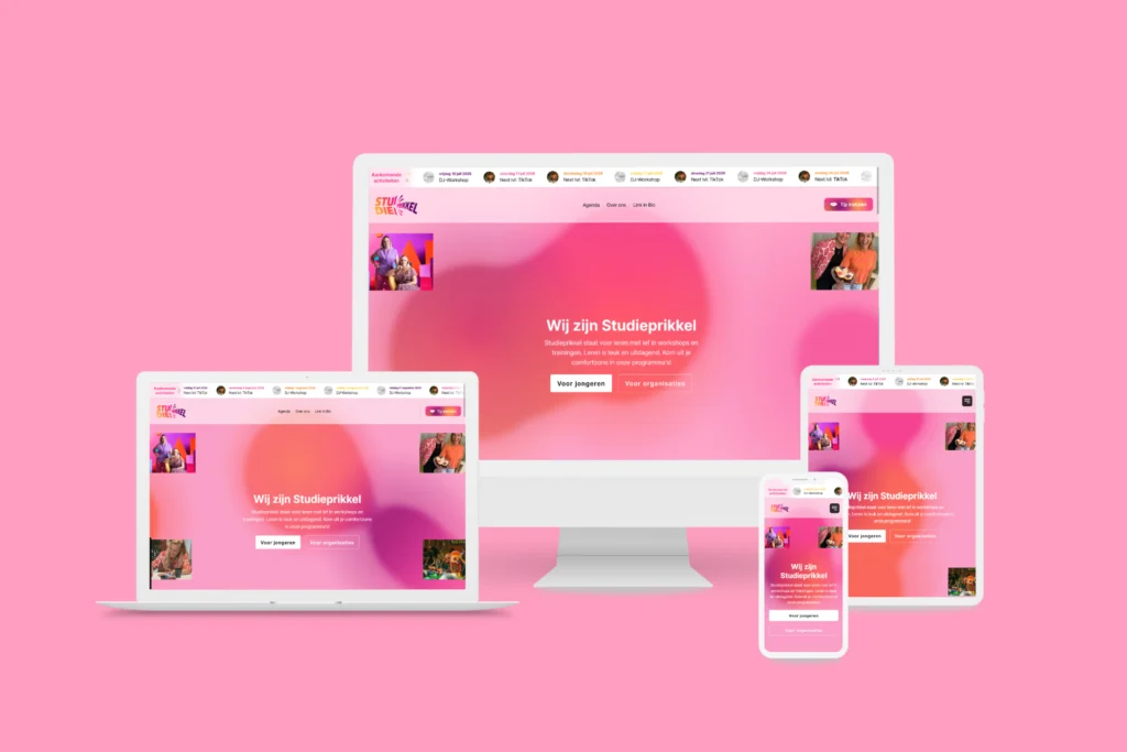 Responsive webdesign waarbij een website zich aanpast aan verschillende schermformaten, zoals desktop, tablet en smartphone.