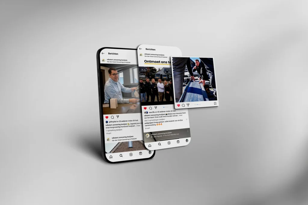 Socialmediacontent voor Van den Hatert Zonwering, vormgegeven in de herkenbare huisstijl van het merk.